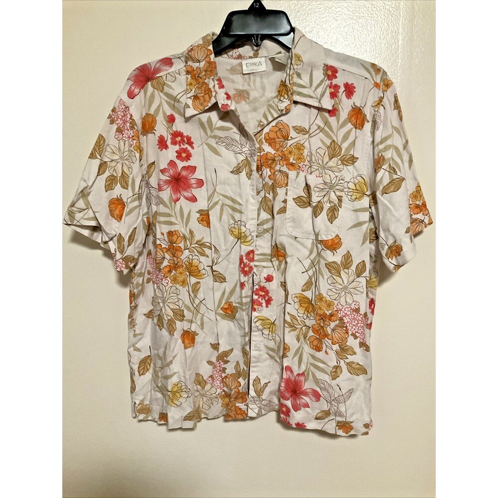 Erika Women’s L Floral Pink Orange Linen Blend Button Short Sleeve Shirt